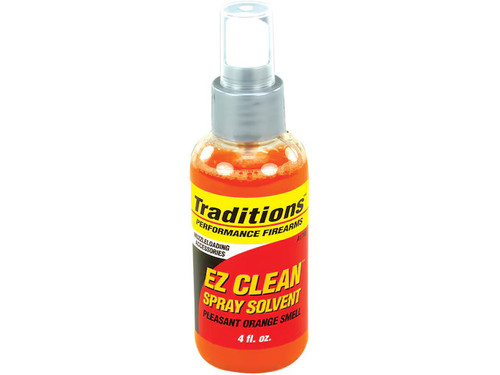 Front view of a clear Traditions EZ Clean muzzleloading bore solvent spray bottle on a white background