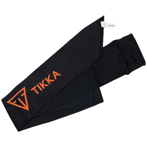 Tikka 52 inch black knitted gun sock with orange branded logo lying diagonally on a white background