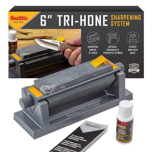 Smith's 6" Tri-Hone Sharpening System displayed in front of its original yellow and black retail box packaging