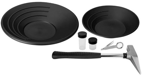 Overhead studio shot of the Stansport Adventurer Gold Panning Kit components neatly arranged on a white background