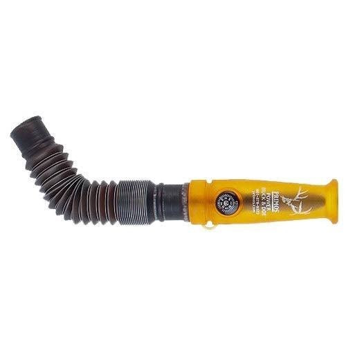 Primos Power Buck and Doe deer game call featuring an amber yellow barrel and an adjustable black flexible hose