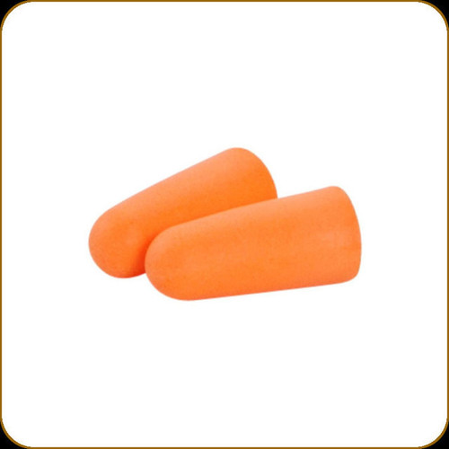 Side view of a pair of orange tapered foam earplugs displayed on a clean white background