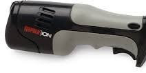 Close-up view of the ergonomic power handle base of a grey and black Rapala cordless electric fillet knife