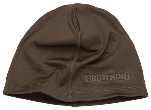 Front view of a brown Browning acrylic beanie hat displayed on a clean white background