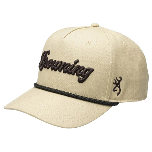 Angled front view of a tan Browning Milford rope cap with script embroidery on a white background