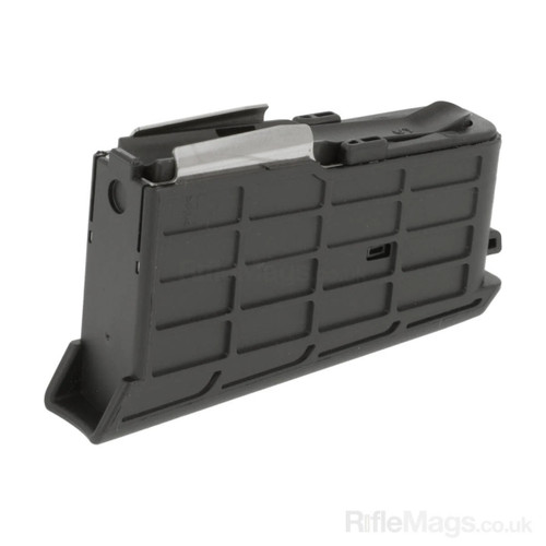 Three-quarter angle view of a black Sako A7 Short Action 3-round factory magazine with steel feed lips