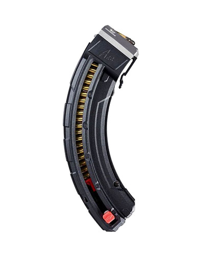 Upright side view of a curved Butler Creek twenty-five round extended magazine on a white background