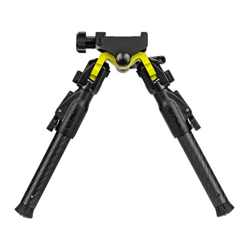 Front perspective view of a black MDT GRND-POD Picatinny bipod with an adjustable green accents frame inside a square border on a white background
