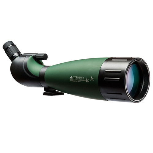 Angled side view of Konuspot-100 spotting scope with green armoring and oversized 100mm objective lens facing forward