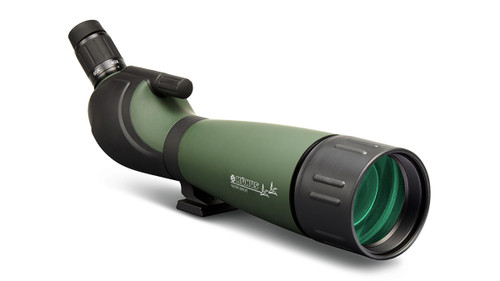 Angled front studio view of a green and black Konuspot-65 spotting scope showcasing its multi-coated 65mm objective lens