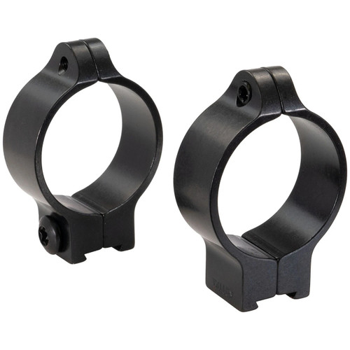 Three quarter perspective studio shot of a pair of black Talley 30mm rimfire mounting rings on white background