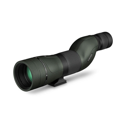 Three quarter front angled view of a matte green Vortex Diamondback HD straight spotting scope showing the textured rubber body armoring