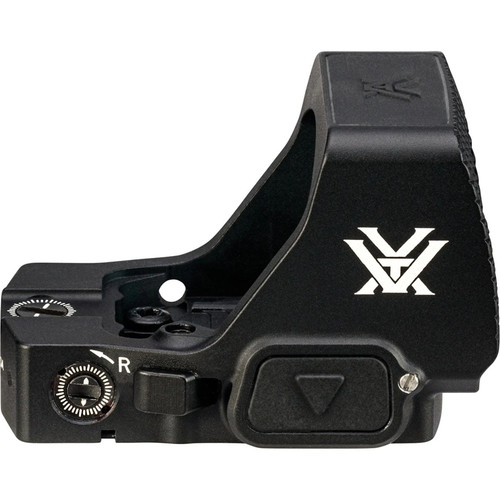 Right side horizontal profile view of a matte black Vortex Defender XL micro red dot sight showing windage and elevation adjustment dials