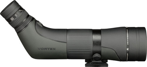 Horizontal side profile view of a black matte Vortex Crossfire HD angled spotting scope on white background