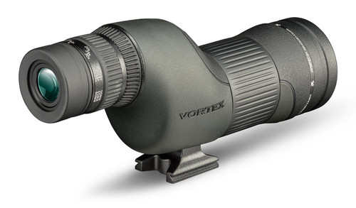 Rear angled view highlighting the eyepiece configuration and adjustment dials of a dark matte spotting scope