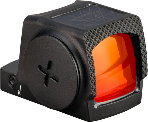 Three quarter front perspective studio shot of a matte black Vortex Defender ST enclosed reflex sight highlighting its red multi coated objective lens