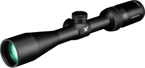 Front perspective studio view showcasing the objective lens bell and main body tube of a black rifle scope