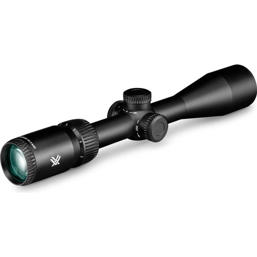 Front perspective studio view showcasing the objective lens bell and illuminated dial body of a black rifle scope