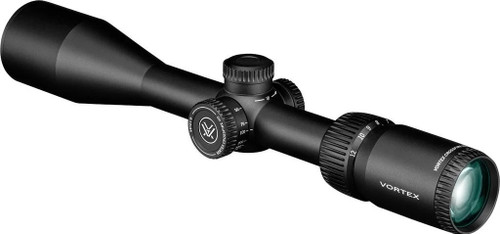 Three quarter downward studio view of a matte black Vortex rifle scope showing its adjustment turrets