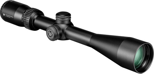 Three quarter downward studio view of a matte black Vortex Crossfire II riflescope showing its adjustment turrets