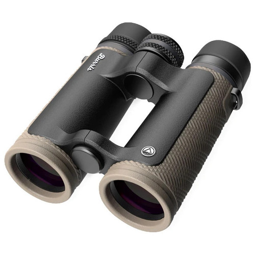 Angled front view of tan Burris Signature HD roof prism binoculars displaying the objective lenses on a white background