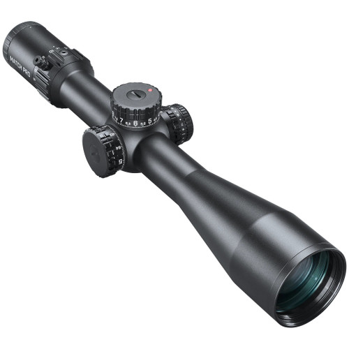 Angled front view of a black Bushnell Match Pro ED five to thirty by fifty-six riflescope on a white background