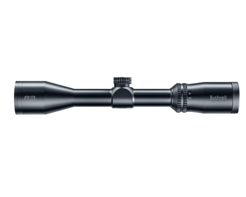 Side profile view of a black Bushnell R3 three to nine by forty hunting riflescope on a white background