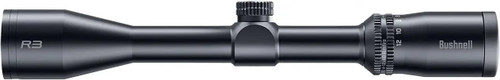 Side profile view of a black Bushnell R3 four to twelve by forty riflescope on a white background