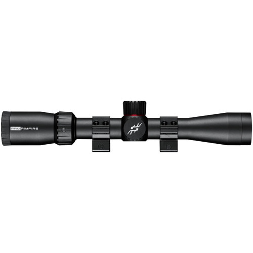 Side profile view of a black Simmons Pro Rimfire 3-9x32 riflescope on a white background