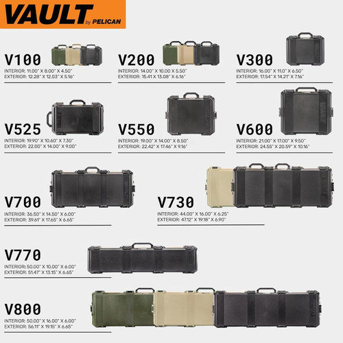 Product lineup chart showing various models, dimensions, and colors of Pelican Vault tactical cases