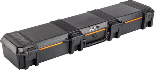 Three-quarter angle view of a closed long black Pelican Vault V770 single rifle hard case on a white background