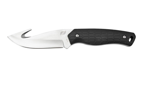 Right side profile view of Schrade Exertion fixed blade hunting knife featuring a black handle and a gut hook blade