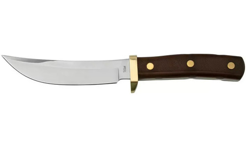 Right side view of Old Timer 165OT Woodsman fixed blade hunting knife with a dark sawcut handle on a white background