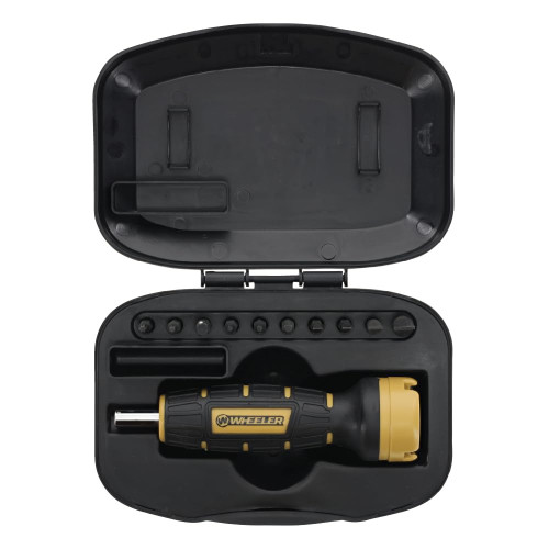 Top-down view of an open black Wheeler hard storage case showing a FAT torque wrench screwdriver and bit set nested inside