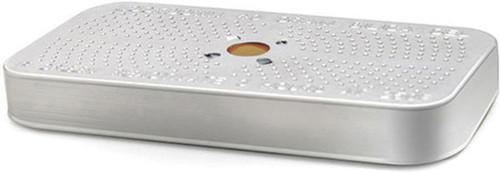 Angled perspective view of a rectangular NANUK reusable silver aluminum silica gel desiccant container canister