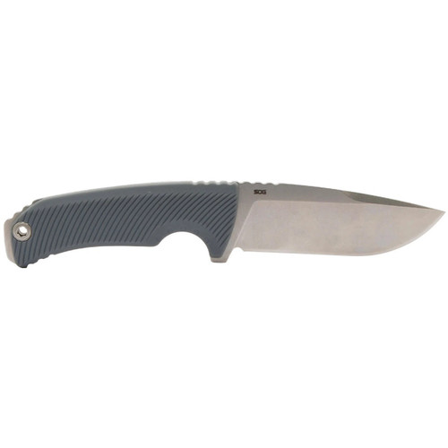 Right side profile view of SOG Tellus FX fixed blade outdoor knife with wolf gray handle on white background