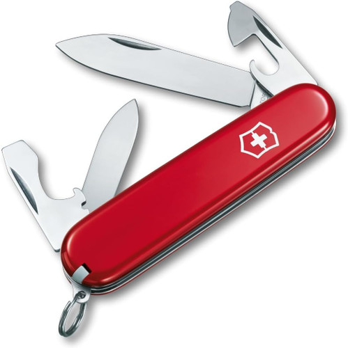 Classic red Victorinox Recruit Swiss Army multi-tool pocket knife with multiple stainless steel blades extended