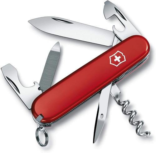 Red Victorinox Spartan Swiss Army multi-tool pocket knife with corkscrew and stainless steel blades fully deployed
