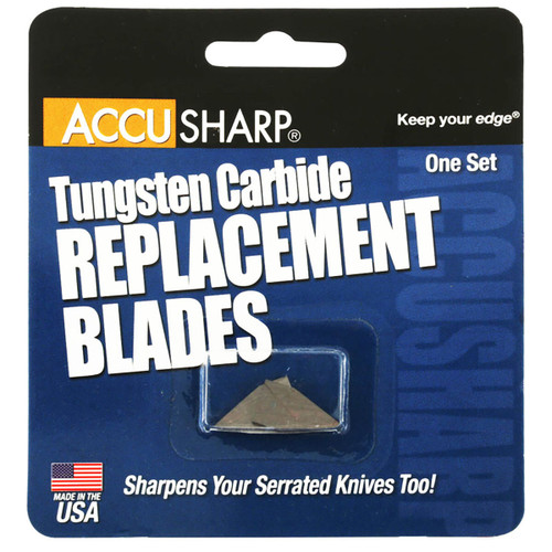 Front view of AccuSharp Tungsten Carbide Replacement Blades in retail card packaging over a white background