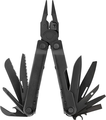 Symmetrical studio shot of Leatherman Rebar black oxide multi-tool showing pliers deployed and interior tools flared out
