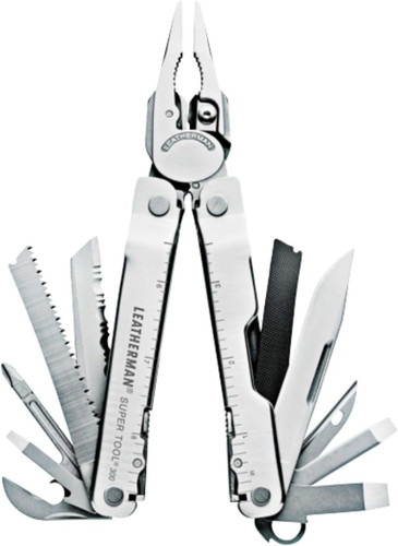 Symmetrical studio shot of Leatherman Super Tool 300 with pliers open and heavy-duty interior tools flared out