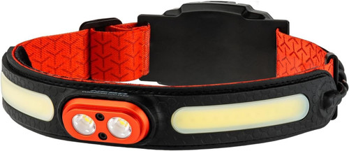 Studio view of NEBO CurvBeam 600 Flex headlamp with a curved black front lightbar on an adjustable orange strap