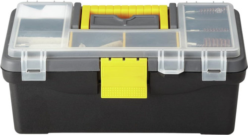 Front view of Outers plastic gun cleaning toolbox with yellow latches on a white background