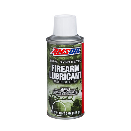 Front view of an AMSOIL one hundred percent synthetic firearm lubricant and protectant spray can on a white background