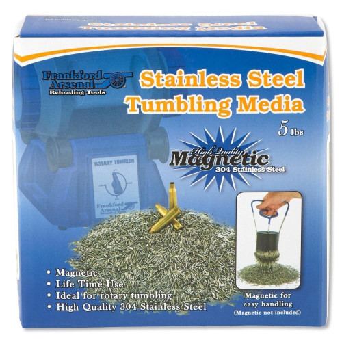 Front view of retail box for Frankford Arsenal Stainless Steel Tumbling Media displayed upright on a white background