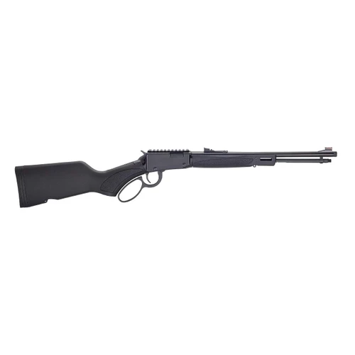 Profile view of the Henry Lever Action X Model Rimfire Rifle in .22 LR highlighting its matte black synthetic stock and threaded muzzle.