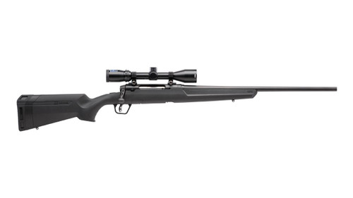 Savage Axis II XP bolt-action rifle package with factory-mounted scope, left profile view on a white background.