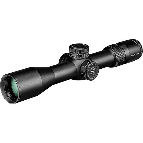Three-quarter angle of Vortex Venom 3-15x44 FFP riflescope showing eyepiece and adjustment turrets on a white background