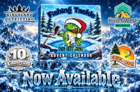 Big Sky Jigs 24 Day Fishing Tackle Advent Calendar featuring a cartoon fish in a Santa hat next to Kingsland Outfitting, NorthWest Adventures, and Nordic Lodge logos.
