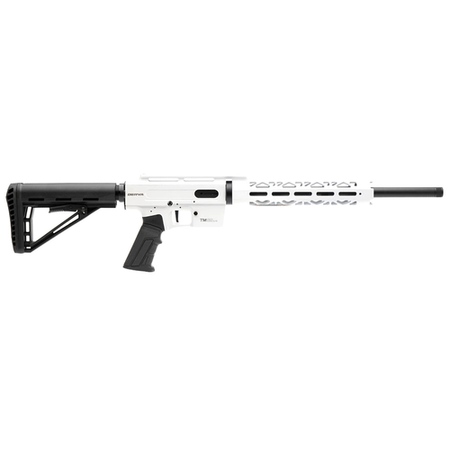 Left profile view of the Derya TM-22 Pro semi-automatic .22LR rifle featuring a stark white finish aluminum receiver and handguard with black furniture.